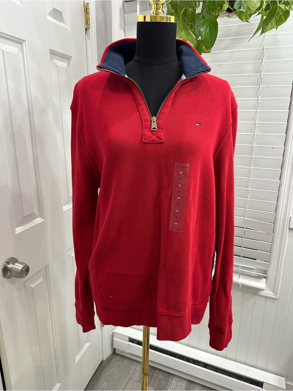 Tommy Hilfiger Women's Red Half-Zip Pullover with Navy Trim